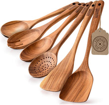 Load image into Gallery viewer, Luxury Teak Wood Utensil Set - Elegant 6-Piece Cooking Ensemble Including Spoons, Server, Scraper & Spatula - Expertly Crafted for Culinary Excellence