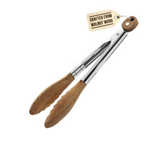 Load image into Gallery viewer, Boxiki Kitchen 9 Inch Tongs for Cooking with Wooden Tips - Nonstick Kitchen Tongs for Serving Food, Grilling, Cooking, BBQ and Tossing Salad - Made of Natural Walnut Wood