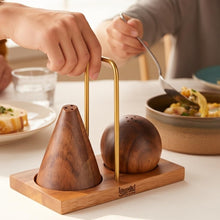 Load image into Gallery viewer, Acacia Wood Salt and Pepper Shaker Set – 2-Piece with Storage Base and Titanium Handle – Elegant Wooden Spice Holder for Kitchen and Dining Table