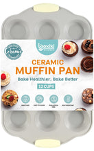 Load image into Gallery viewer, Boxiki Kitchen 12 Cups Ceramic Coated Muffin Pan for Baking - Durable Steel Frame Cupcake Pan w/Nonstick Surface - Professional Muffin Tray with Silicone Handles