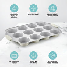 Load image into Gallery viewer, Boxiki Kitchen 12 Cups Ceramic Coated Muffin Pan for Baking - Durable Steel Frame Cupcake Pan w/Nonstick Surface - Professional Muffin Tray with Silicone Handles