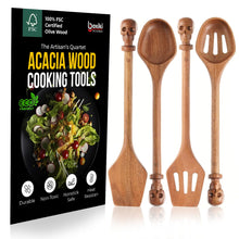 Load image into Gallery viewer, Acacia Wood Cooking Utensil Set with Skull Handles – 4-Piece FSC Certified Acacia Wood Kitchen Tools, Eco-Friendly Nonstick Safe Cooking Utensils (Spatula, Spoon, Slotted Turner, Slotted Spoon)
