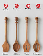 Load image into Gallery viewer, Acacia Wood Cooking Utensil Set with Skull Handles – 4-Piece FSC Certified Acacia Wood Kitchen Tools, Eco-Friendly Nonstick Safe Cooking Utensils (Spatula, Spoon, Slotted Turner, Slotted Spoon)