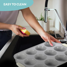 Load image into Gallery viewer, Boxiki Kitchen 12 Cups Ceramic Coated Muffin Pan for Baking - Durable Steel Frame Cupcake Pan w/Nonstick Surface - Professional Muffin Tray with Silicone Handles