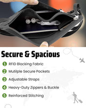 Load image into Gallery viewer, Money Belt for Travel - RFID Blocking Hidden Money Pouch to Hold Cash, Passport, Credit Cards and Travel Documents - Slim Fanny Pack For Men and Women - Black