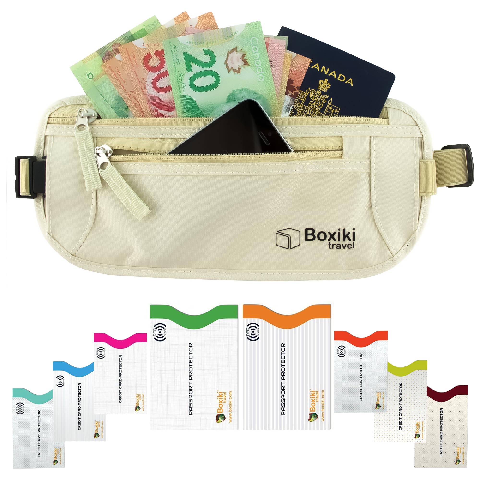 Boxiki Travel Money Belt with RFID Blocking Sleeves, Beige Money Belt + RFID Sleeves White (6 Credit Card + 2 Passport), Beige Money Belt + RFID Boxiki Travel Money Belt with RFID Blocking Sleeves, Beige Money Belt + RFID Sleeves White (6 Credit Card + 2 Passport), Beige Money Belt + RFID