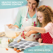 Load image into Gallery viewer, Boxiki Kitchen 12 Cups Ceramic Coated Muffin Pan for Baking - Durable Steel Frame Cupcake Pan w/Nonstick Surface - Professional Muffin Tray with Silicone Handles