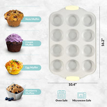 Load image into Gallery viewer, Boxiki Kitchen 12 Cups Ceramic Coated Muffin Pan for Baking - Durable Steel Frame Cupcake Pan w/Nonstick Surface - Professional Muffin Tray with Silicone Handles