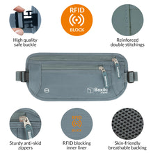 Load image into Gallery viewer, Boxiki Travel, Gray Money Belt + RFID Sleeves Set of 8 Pcs | RFID Blocking Secure Waist Bag, Credit Card Holders & Passport Holders for Men and Women | Keep Your Travel Essentials in Reach
