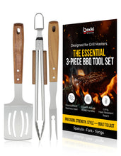 Load image into Gallery viewer, 3 PCS BBQ Tool Set – Stainless Steel Grill Accessories Kit with Spatula, Fork & Tong – Heavy Duty Barbecue Utensil Set for Outdoor Cooking, Camping & Backyard BBQ