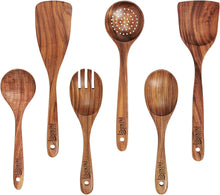 Load image into Gallery viewer, Luxury Teak Wood Utensil Set - Elegant 6-Piece Cooking Ensemble Including Spoons, Server, Scraper & Spatula - Expertly Crafted for Culinary Excellence