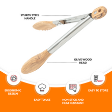 Load image into Gallery viewer, Boxiki Kitchen Tongs for Cooking with Wooden Tips - Wooden Tongs Ideal for BBQ, Salad, Toaster, Bread & Pickles - Made of Natural Olive Wood, Size 11 Inch