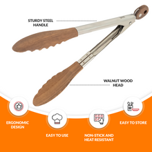 Load image into Gallery viewer, Boxiki Kitchen Tongs for Cooking with Wooden Tips - Nonstick Cooking Tongs & Salad Tongs for Serving Food, Grilling, Cooking, BBQ and Tossing Salad - Made of Natural Walnut Wood, Size 11-inch
