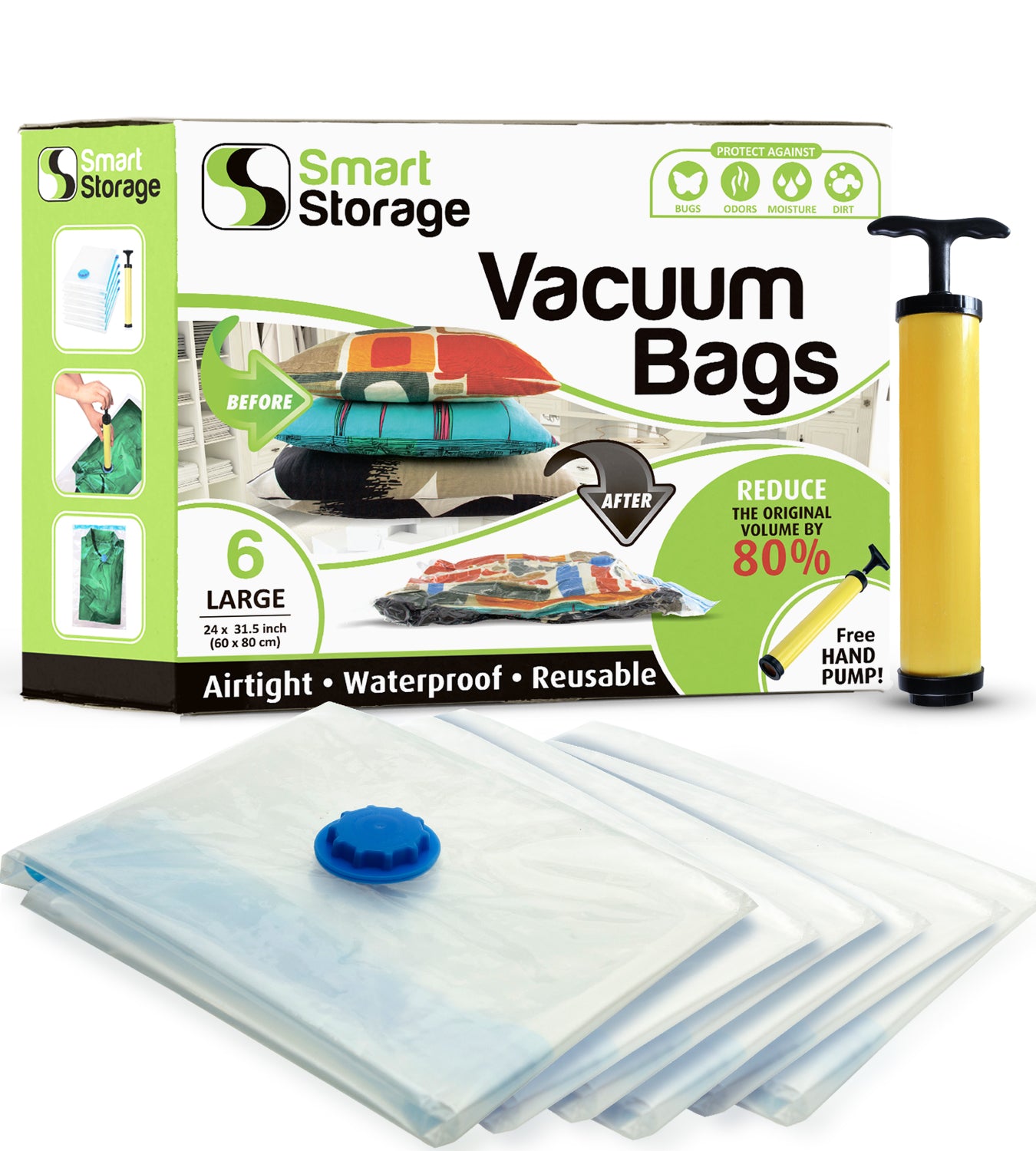 6 PC Vacuum Storage Bags | Space Saver Set | Vacuum Bags with Travel Pump | Vacuum Sealer Bags for Clothes, Bedding & Travel | Works with Any Vacuum