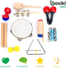 Load image into Gallery viewer, Boxiki kids Musical Instruments Set of 16 PCS - Toddler Educational & Musical Percussion for Kids - with Tambourine, Maracas & Castanets & More to Fine Motor Skills - 3+ Years Olds