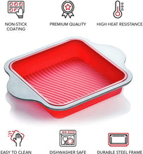 Load image into Gallery viewer, Boxiki Kitchen Non-Stick Silicone 8x8 Square Cake and Brownie Pan with Easy Grip Steel Frame Handles - Easy to Release, Oven & Dishwasher Safe