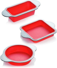Load image into Gallery viewer, Silicone Baking Pans Set. 3 PCS Professional Silicone Non-Stick Baking Cake Pans Set by Boxiki Kitchen. Includes Silicone Round Cake Pan, Square Cake Pan and Bread Loaf Pan.