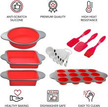 Load image into Gallery viewer, 13-Piece Non-Stick Silicone Bakeware Set with Cake Pan, Brownie Pan, Loaf Pan, Muffin Mold, Spatulas, Brush, and Measuring Spoons - Oven, Freezer and Dishwasher Safe.
