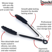 Load image into Gallery viewer, Kitchen Tongs for Cooking with Silicone Tips by Boxiki Kitchen, BPA Free Stainless Steel set of 2 Silicone Tongs for Cooking, Grilling & Toss a Salad, Heat Resistant Grill Tongs for Serving Food.