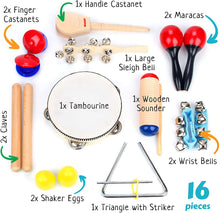 Load image into Gallery viewer, Boxiki kids Musical Instruments Set of 16 PCS - Toddler Educational & Musical Percussion for Kids - with Tambourine, Maracas & Castanets & More to Fine Motor Skills - 3+ Years Olds