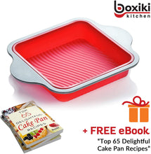 Load image into Gallery viewer, Boxiki Kitchen Non-Stick Silicone 8x8 Square Cake and Brownie Pan with Easy Grip Steel Frame Handles - Easy to Release, Oven & Dishwasher Safe