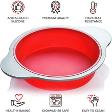 Load image into Gallery viewer, Boxiki Kitchen 9 Inch Non-Stick Silicone Round Cake Pan with Steel Frame Handles - Perfect for Baking Delicious Round Cakes