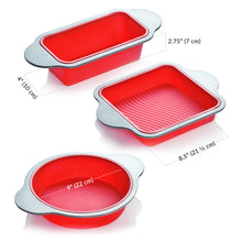 Load image into Gallery viewer, Silicone Baking Pans Set. 3 PCS Professional Silicone Non-Stick Baking Cake Pans Set by Boxiki Kitchen. Includes Silicone Round Cake Pan, Square Cake Pan and Bread Loaf Pan.