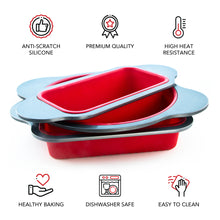 Load image into Gallery viewer, Silicone Baking Pans Set. 3 PCS Professional Silicone Non-Stick Baking Cake Pans Set by Boxiki Kitchen. Includes Silicone Round Cake Pan, Square Cake Pan and Bread Loaf Pan.
