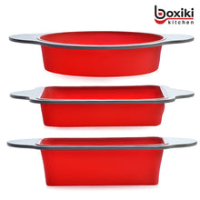 Load image into Gallery viewer, Silicone Baking Pans Set. 3 PCS Professional Silicone Non-Stick Baking Cake Pans Set by Boxiki Kitchen. Includes Silicone Round Cake Pan, Square Cake Pan and Bread Loaf Pan.