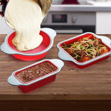 Load image into Gallery viewer, Silicone Baking Pans Set. 3 PCS Professional Silicone Non-Stick Baking Cake Pans Set by Boxiki Kitchen. Includes Silicone Round Cake Pan, Square Cake Pan and Bread Loaf Pan.