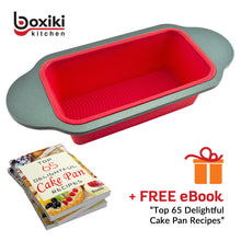 Load image into Gallery viewer, Silicone Baking Pans Set. 3 PCS Professional Silicone Non-Stick Baking Cake Pans Set by Boxiki Kitchen. Includes Silicone Round Cake Pan, Square Cake Pan and Bread Loaf Pan.