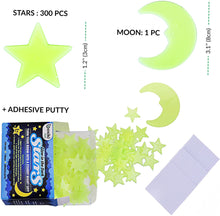 Load image into Gallery viewer, Glow in The Dark Stars for Ceiling with Moon by Boxiki Kids. Fluorescent Ceiling Stars for Kids Room Decor. Glow in The Dark Stickers for Bedrooms & Nurseries Pack of 300