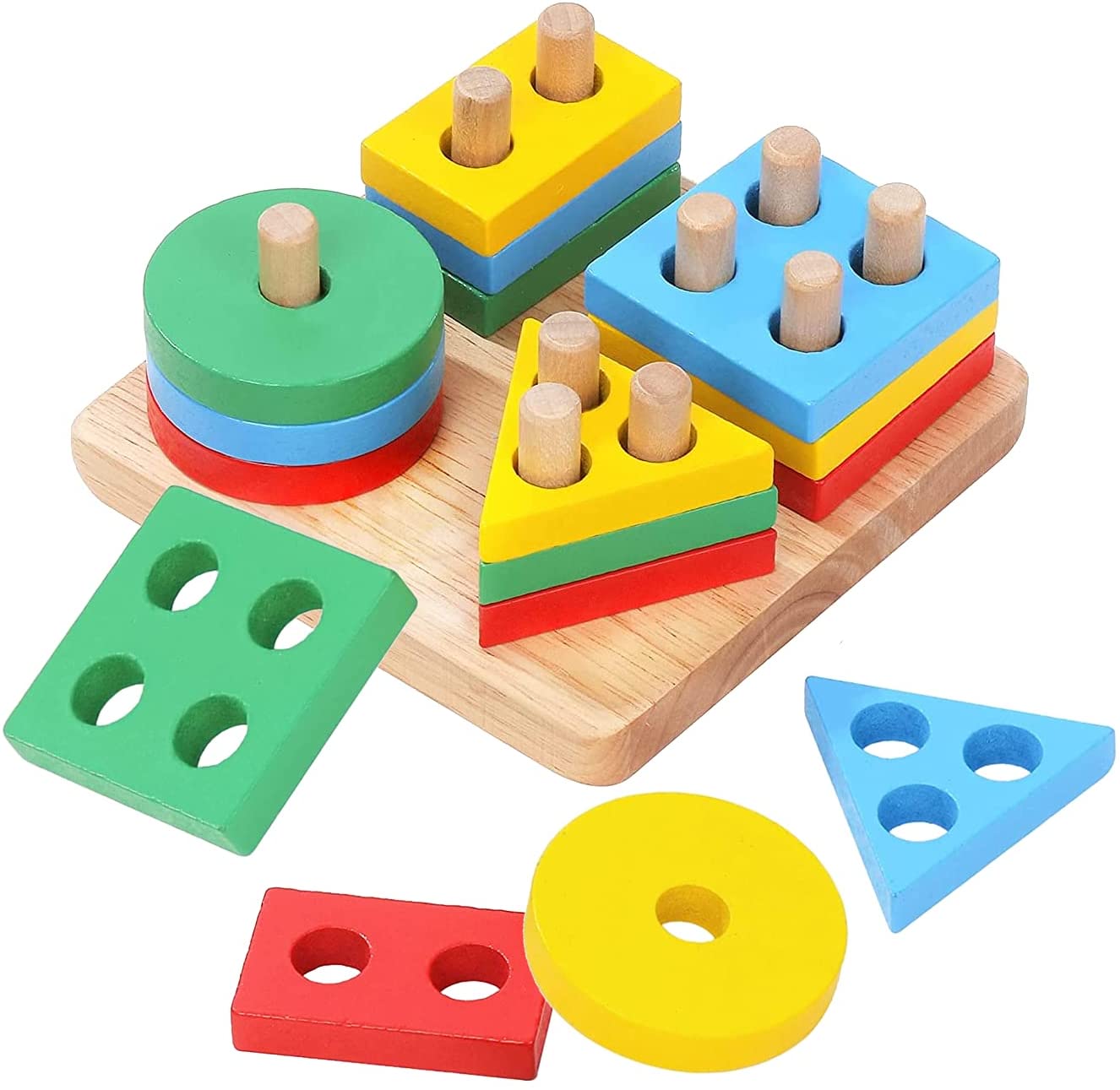 Wooden Stacking Toys & Shape Sorting Board, Geometric Shape Stacker