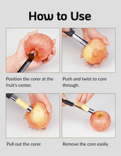 Load image into Gallery viewer, Premium Apple Corer Tool 4 Pack – Boxiki Kitchen Stainless Steel Apple Core Remover, Fruit Corer for Pears, Cucumbers, Cupcakes &amp; More – Dishwasher Safe
