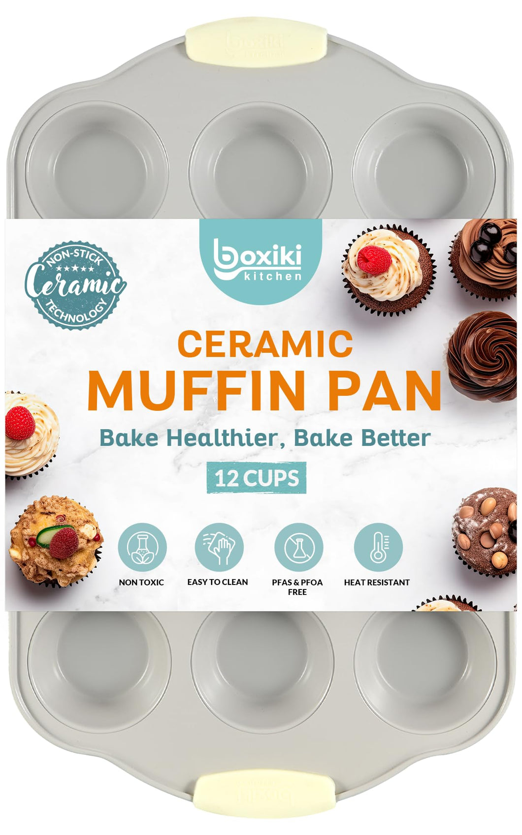 Boxiki Kitchen 12 Cups Ceramic Coated Muffin Pan for Baking - Durable Steel Frame Cupcake Pan w/Nonstick Surface - Professional Muffin Tray with Silicone Handles