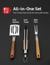 Load image into Gallery viewer, 3 PCS BBQ Tool Set – Stainless Steel Grill Accessories Kit with Spatula, Fork &amp; Tong – Heavy Duty Barbecue Utensil Set for Outdoor Cooking, Camping &amp; Backyard BBQ
