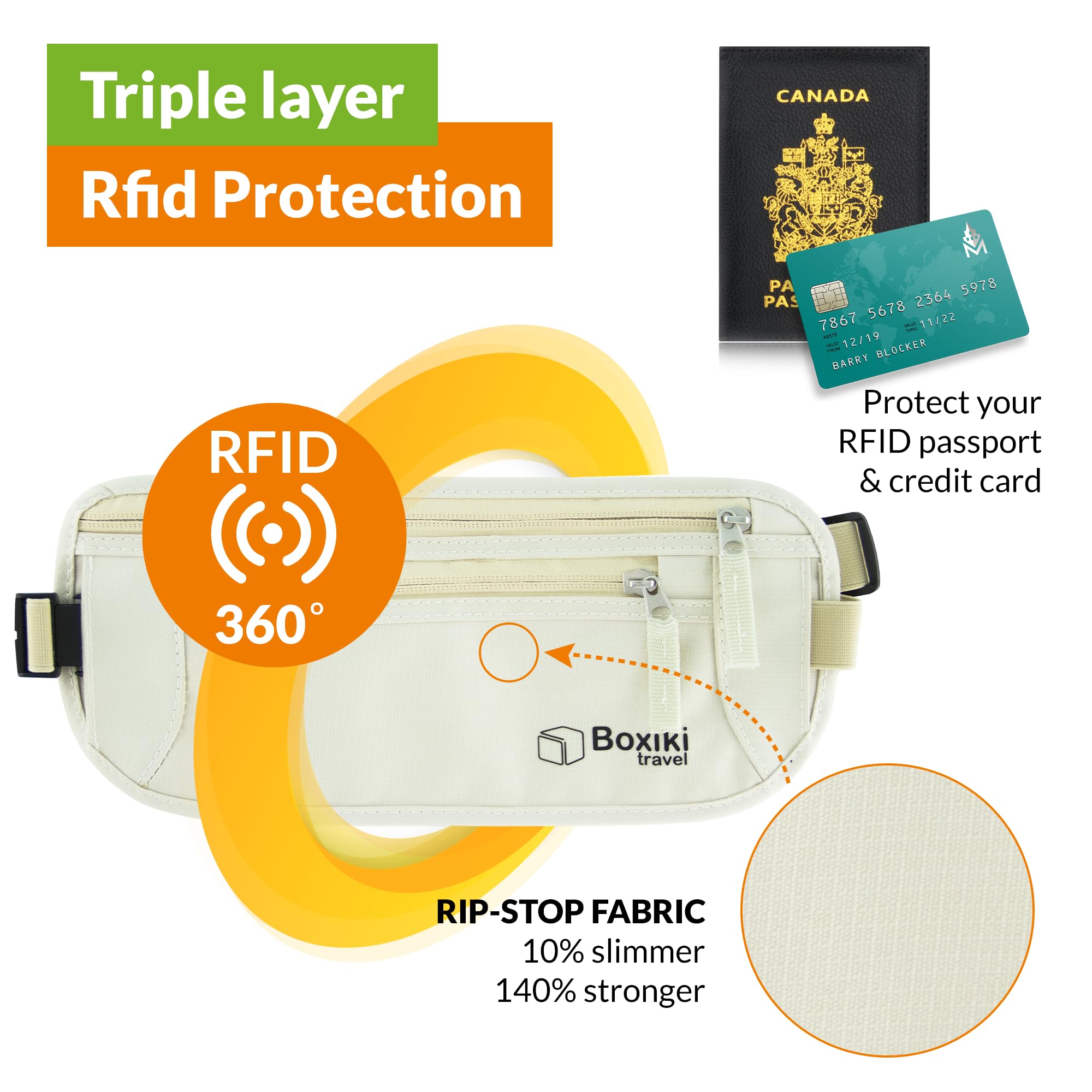 rfid blocking cash and card sleeve Boxiki Travel Money Belt with RFID Blocking Sleeves, Beige Money Belt + RFID Sleeves White (6 Credit Card + 2 Passport), Beige Money Belt + RFID