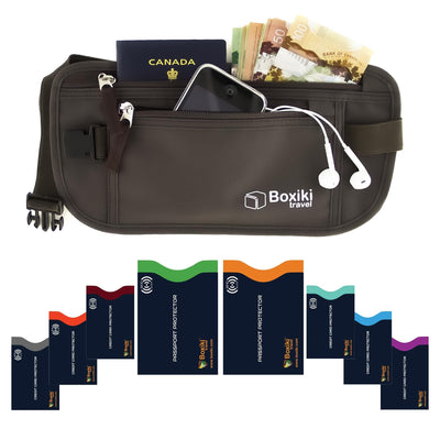 Boxiki Travel Brown Money Belt with RFID Sleeves Set - 8 Pcs Navy Blue | Secure Waist Bag and RFID Card Holder for Men and Women