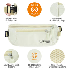 Load image into Gallery viewer, Boxiki Travel Money Belt with RFID Sleeves Set - Secure Travel Pouch and RFID Card Holder to Protect Cash, Credit Cards and Travel Documents for Men and Women
