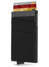 Load image into Gallery viewer, Boxiki Travel RFID Blocking Slim Wallet for Men Aluminum Minimalist Credit Card Holder Fits 6 Cards &amp; More | Pop Up Wallet with Sleek Black Design
