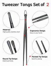 Load image into Gallery viewer, Tweezer Tongs Set of 2 – Boxiki Kitchen 430 Stainless Steel Cooking Tweezers, Long Chef Tweezers for Plating, Grilling, Baking, Pasta, Food Handling, Cake Decorating &amp; Culinary Use
