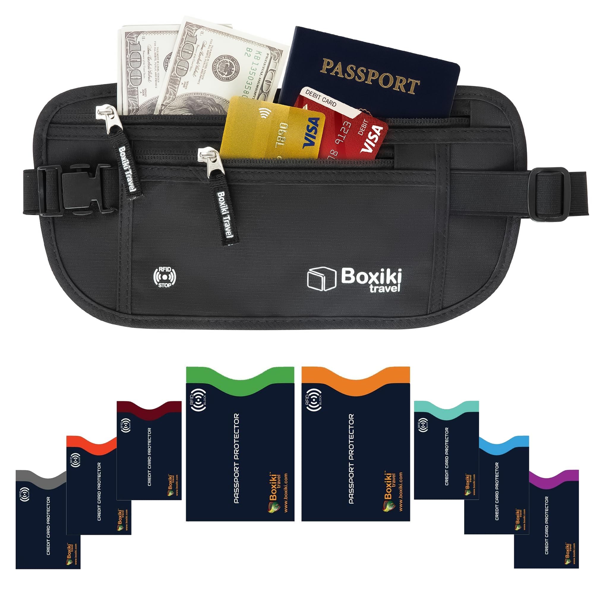 Boxiki Travel, Black Money Belt with RFID Sleeves Set - 8 Pcs Navy Blue | Secure Waist Bag and RFID Card Holder for Men and Women
