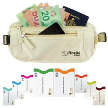 Load image into Gallery viewer, Boxiki Travel Money Belt with RFID Sleeves Set - Secure Travel Pouch and RFID Card Holder to Protect Cash, Credit Cards and Travel Documents for Men and Women
