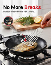 Load image into Gallery viewer, Fish Turner with Wood Handle – Stainless Steel Slotted Spatula for Frying, Grilling &amp; Cooking – Professional Fish Flipper &amp; Burger Turner
