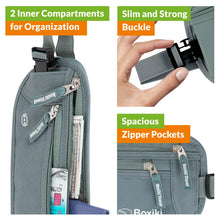 Load image into Gallery viewer, Boxiki Travel, Gray Money Belt + RFID Sleeves Set of 8 Pcs | RFID Blocking Secure Waist Bag, Credit Card Holders &amp; Passport Holders for Men and Women | Keep Your Travel Essentials in Reach
