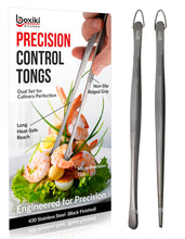 Load image into Gallery viewer, Tweezer Tongs Set of 2 – Boxiki Kitchen 430 Stainless Steel Cooking Tweezers, Long Chef Tweezers for Plating, Grilling, Baking, Pasta, Food Handling, Cake Decorating &amp; Culinary Use
