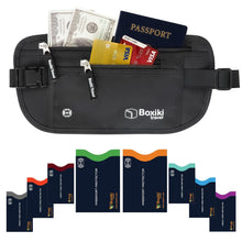 Load image into Gallery viewer, Boxiki Travel, Black Money Belt with RFID Sleeves Set - 8 Pcs Navy Blue | Secure Waist Bag and RFID Card Holder for Men and Women
