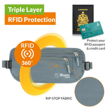 Load image into Gallery viewer, Boxiki Travel, Gray Money Belt + RFID Sleeves Set of 8 Pcs | RFID Blocking Secure Waist Bag, Credit Card Holders &amp; Passport Holders for Men and Women | Keep Your Travel Essentials in Reach
