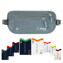 Load image into Gallery viewer, Boxiki Travel, Gray Money Belt + RFID Sleeves Set of 8 Pcs | RFID Blocking Secure Waist Bag, Credit Card Holders &amp; Passport Holders for Men and Women | Keep Your Travel Essentials in Reach
