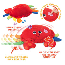 Load image into Gallery viewer, Musical Plush Crab Baby Toy with Nursery Rhymes and Sensory Sound Button, Crawling Tummy Time Companion for 3 Month Old Infants, Soft Huggable Newborn Stuffed Animal Developmental Toy
